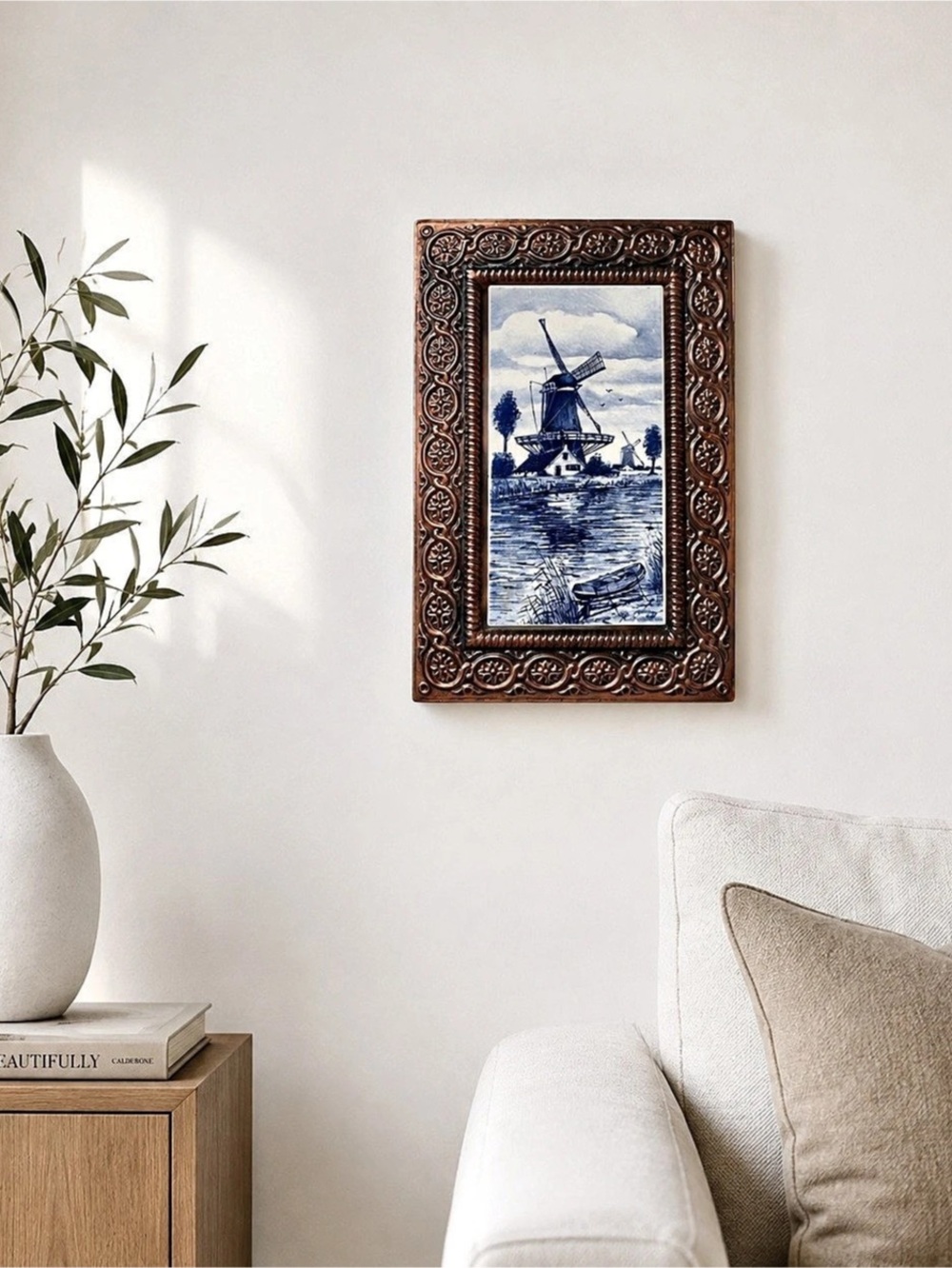 Vintage Copper Frame Delft Style Windmill Tile Art